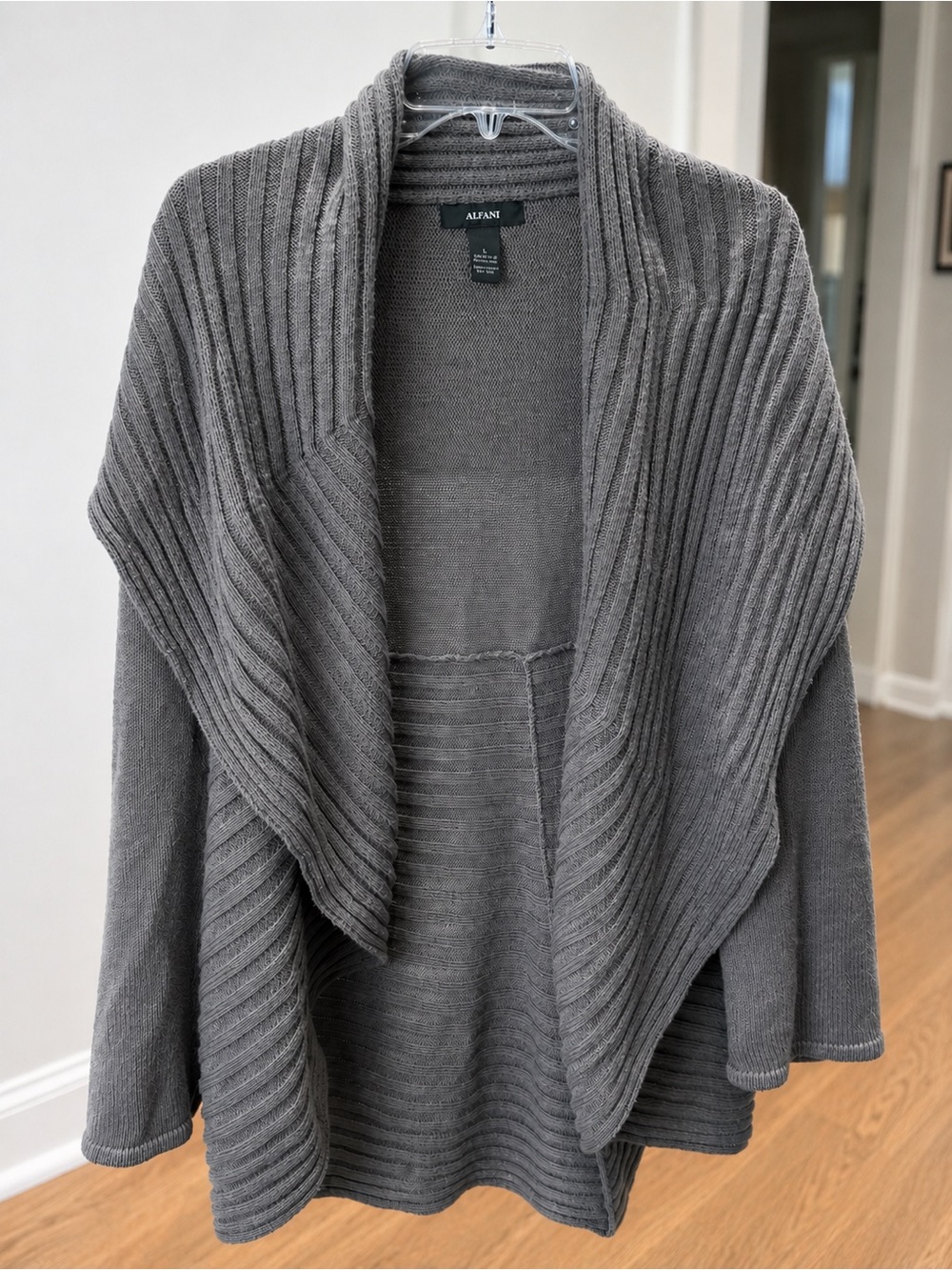 Alfani Women's Gray Open-Front Ribbed Shawl Cardigan L